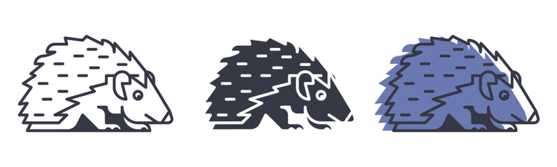 Stylized Hedgehog Icon Set. A set of modern, flat icons featuring a stylized hedgehog. The design is presented in three variations: a simple outline, a solid silhouette, and a colored version 