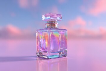 A crystal clear perfume bottle reflecting iridescent colors, set against a soft pastel sky, evoking luxury and modern elegance with its sleek design and vibrant hues.