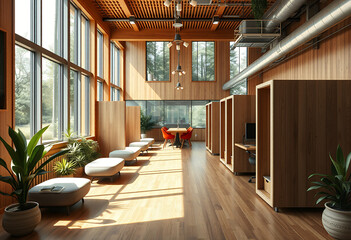 Fototapeta premium Modern Office Interior with Wooden Accents and Natural Light 