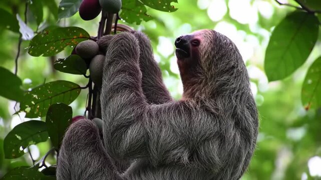 Cute two-toed sloth eating fruits on tree in lush rainforest. Wildlife, animal, jungle, nature, tropics, rainforest.