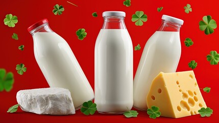 Milk bottles and cheese on vibrant red background with clover leaves