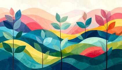 Woven Watercolor Landscape: Abstract Plants Against a Colorful Horizon