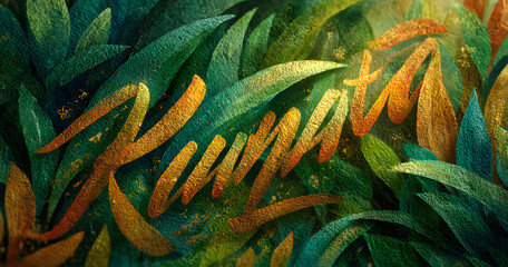 Happy Kwanzaa script brush stroke and leaves graphic background