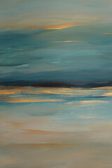 Fototapeta premium Art oil, Acrylic brush stroke smear blot painting sea landscape canvas. Abstract texture gold, blue color stain background.