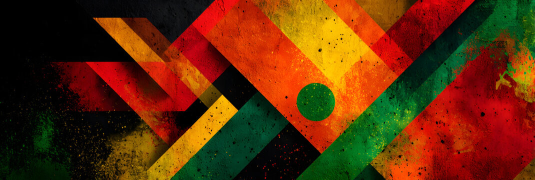 Juneteenth celebration design with abstract shapes and bold colors. Horizontal banner. Copy space. Kwanzaa. Black History Month. Abstract geometric red, yellow, green, black background