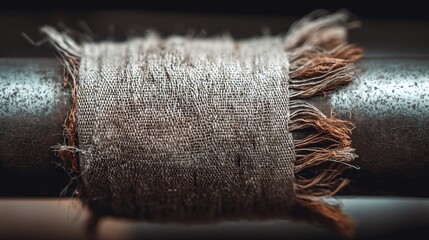 Rustic burlap fabric with frayed edges wrapped around a weathered metal pipe, showcasing intricate texture and artisanal craftsmanship in a close up macro shot.