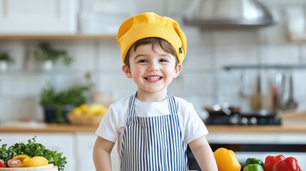 Happy Child Chef Smiling in Kitchen with Colorful Vegetables and Chef Hat