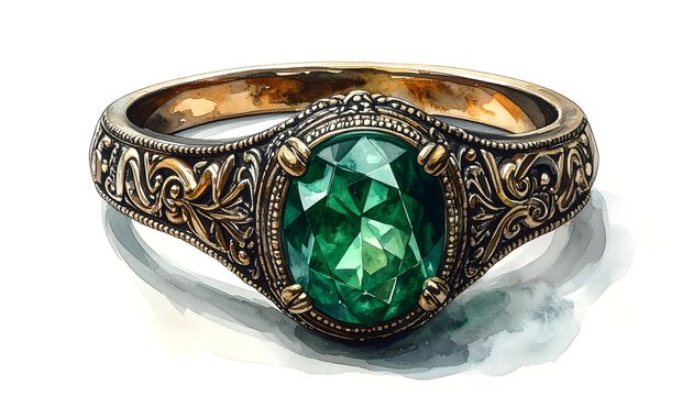 Ornate gold ring with emerald gem