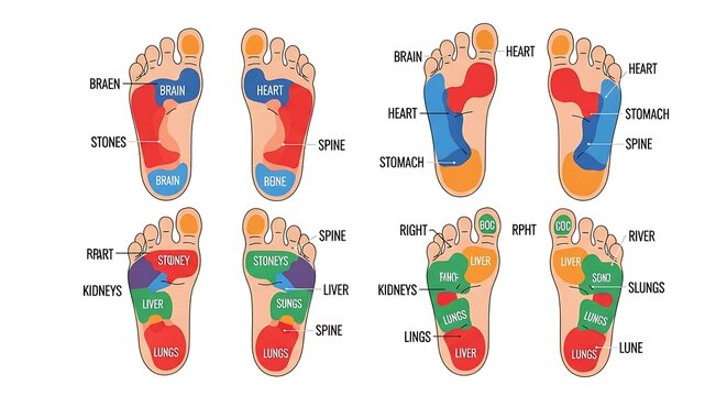 Foot Reflexology Chart Showing Body Parts and Zones.