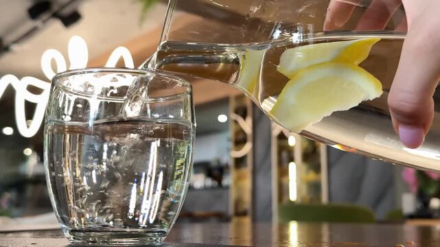 Luxury restaurant from a glass pouring water into a glass cup with lemon hydration benefits of water pure spring health