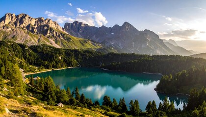 Panoramic alpine lake at sunrise