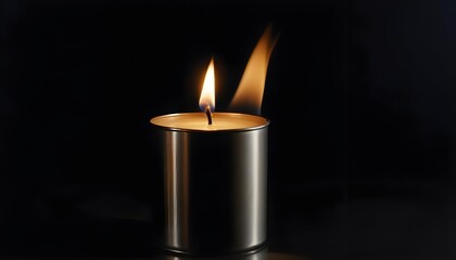 Burning candle in a metal container against a dark background.
