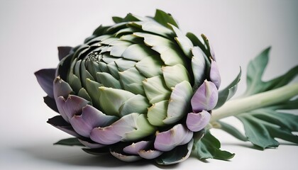 Fototapeta premium Close-up of a fresh artichoke with vibrant green and purple hues on a white backdrop.