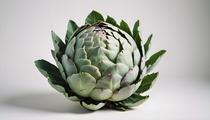 Fototapeta premium A vibrant artichoke with lush green leaves on a clean, white background.