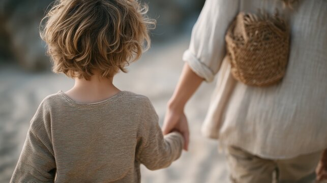 Child holding mother’s hand while walking on beach, perfect for lifestyle campaigns, family editorials or travel projects