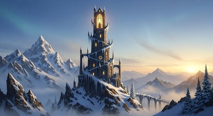 Majestic Tower in Snowy Mountain Landscape.