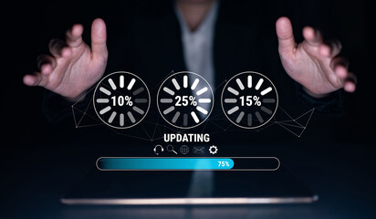 A concept of a system update and software installation. A progress bar and loading icons showing...