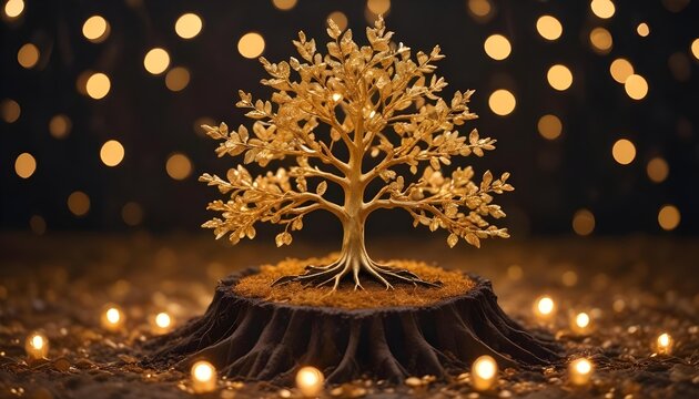 Golden tree of life illuminated with soft bokeh lights