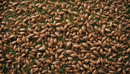 Close-up view of barley grains scattered on a bed of green grass, ready for harvest.