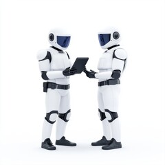 Two Futuristic Robots Engaged in Collaboration with Tablet Device