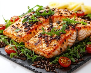 Roasted salmon fillets with wild rice and arugula