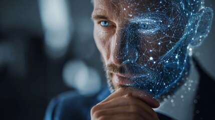 Sophisticated businessman with futuristic digital network overlay on face contemplating complex data insights, representing AI innovation and advanced technology solutions for modern business growth.