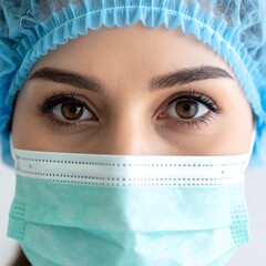 Close-up of a person wearing a medical cap and mask