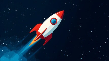 Flat illustration of a rocket is flying in space. Start-up concept. Night sky and cosmos