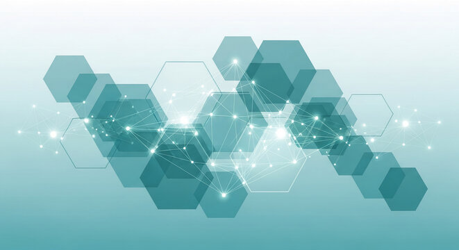 Abstract teal hexagon pattern, interconnected by glowing lines, creating a network effect, showcasing technology, connection, and innovation - Powered by Adobe