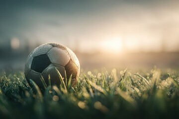 Classic soccer ball on dewy grass, bathed in golden light at sunrise.