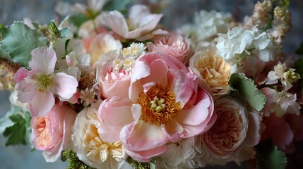 Luxurious pastel floral arrangement bursting with delicate roses and peonies, perfect for romantic celebrations, elegant decor, and sophisticated branding projects.