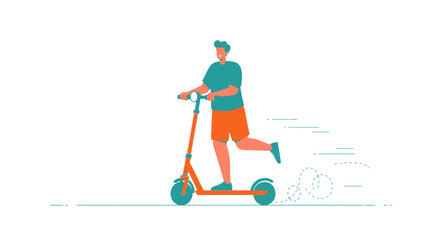 Young Man Enthusiastically Rides Electric Scooter, Illustrated Design, Vector Graphic