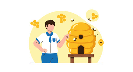 Young Man Examining A Beehive, Honeycomb And Bees In Creative Flat Illustration Format