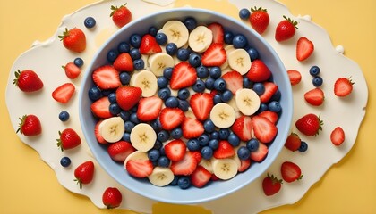 A vibrant bowl of fresh fruit salad with strawberries, blueberries, and bananas.