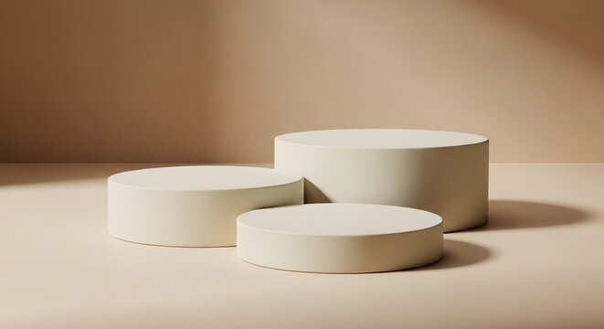 Three off-white cylindrical podiums on a beige background, creating a minimalist product display scene suitable for showcasing items or branding mockups
