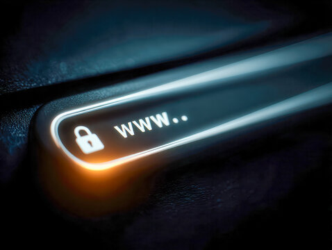 Illuminated secure web address bar glowing with padlock symbol indicating safe internet browsing and online security in digital technology context