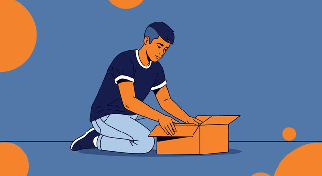 Young Man Inspecting A Delivered Package With Curious Anticipation And Eagerness