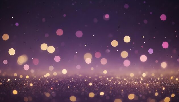 Abstract bokeh background with sparkling lights in shades of purple and gold.