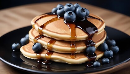 Fototapeta premium Delicious stack of pancakes with blueberries and syrup on a black plate.