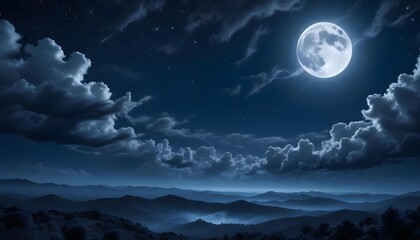 Nighttime Mountain Landscape with Full Moon