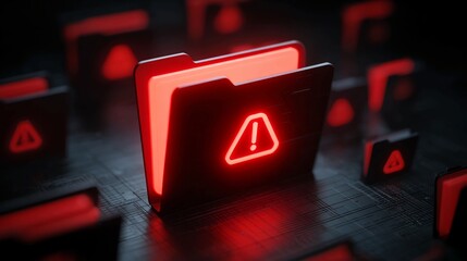 Urgent data security alert glowing red warning symbol on digital folder, symbolizing cyber threat and data breach risk for critical information systems and network protection