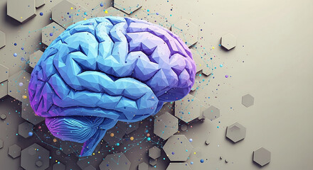 Low-poly blue and purple brain model against grey hexagonal background with colorful dots, connecting lines suggesting neural networks and cognitive processes, ideal for technology or science concept