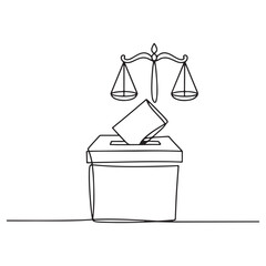 Democracy and justice concept – ballot voting box with scales of law continuous line vector illustration