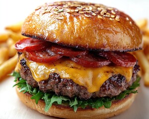 Close-up of a gourmet cheeseburger with fries