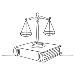 Scales of Justice on Open Law Book Minimalist Line Art Vector Illustration