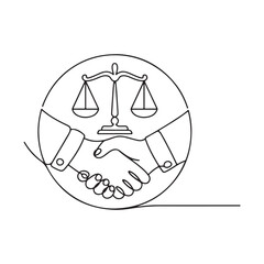 Lawyer Handshake with Scales of Justice Continuous Line Art Vector Illustration