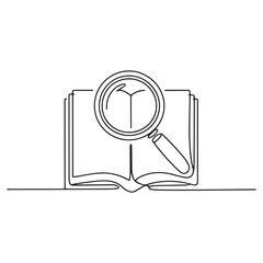 Open Law Book with Magnifying Glass Continuous Line Art Vector Illustration