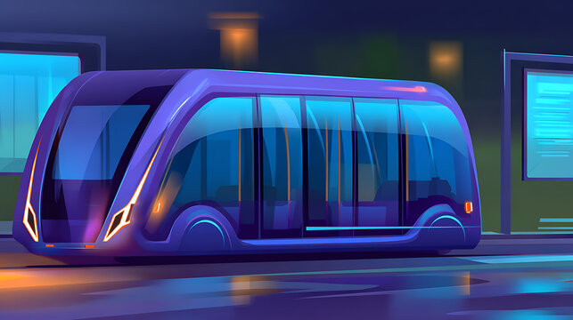Futuristic electric bus at night station with glowing lights and modern design - Powered by Adobe