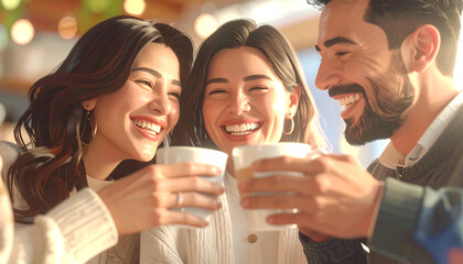 Cheerful toast: Friends and family share laughter and camaraderie while toasting with drinks, bathed in warm sunlight.