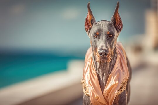 Sophisticated Doberman Pinscher in an elegant peach jacket by the serene sea.